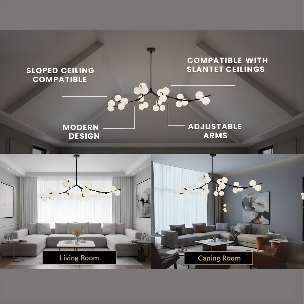 Tree Branch Ceiling Light Fixture Modern Chandelier with White Glass Globes for Sloped Ceilings