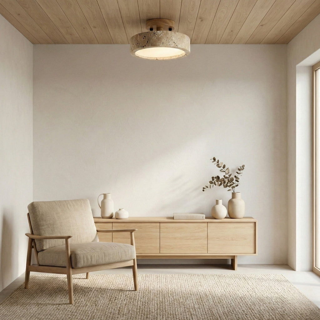 Travertine Ceiling Light Round Japanese Modern Ceiling Lights with Open Underside Glow