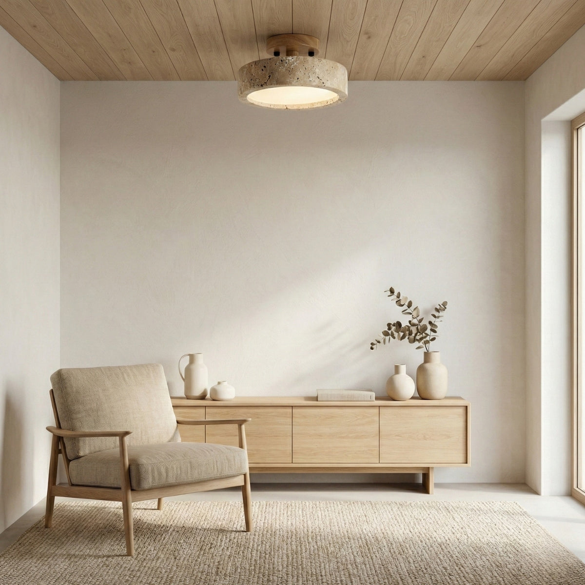 Travertine Ceiling Light Round Japanese Modern Ceiling Lights with Open Underside Glow