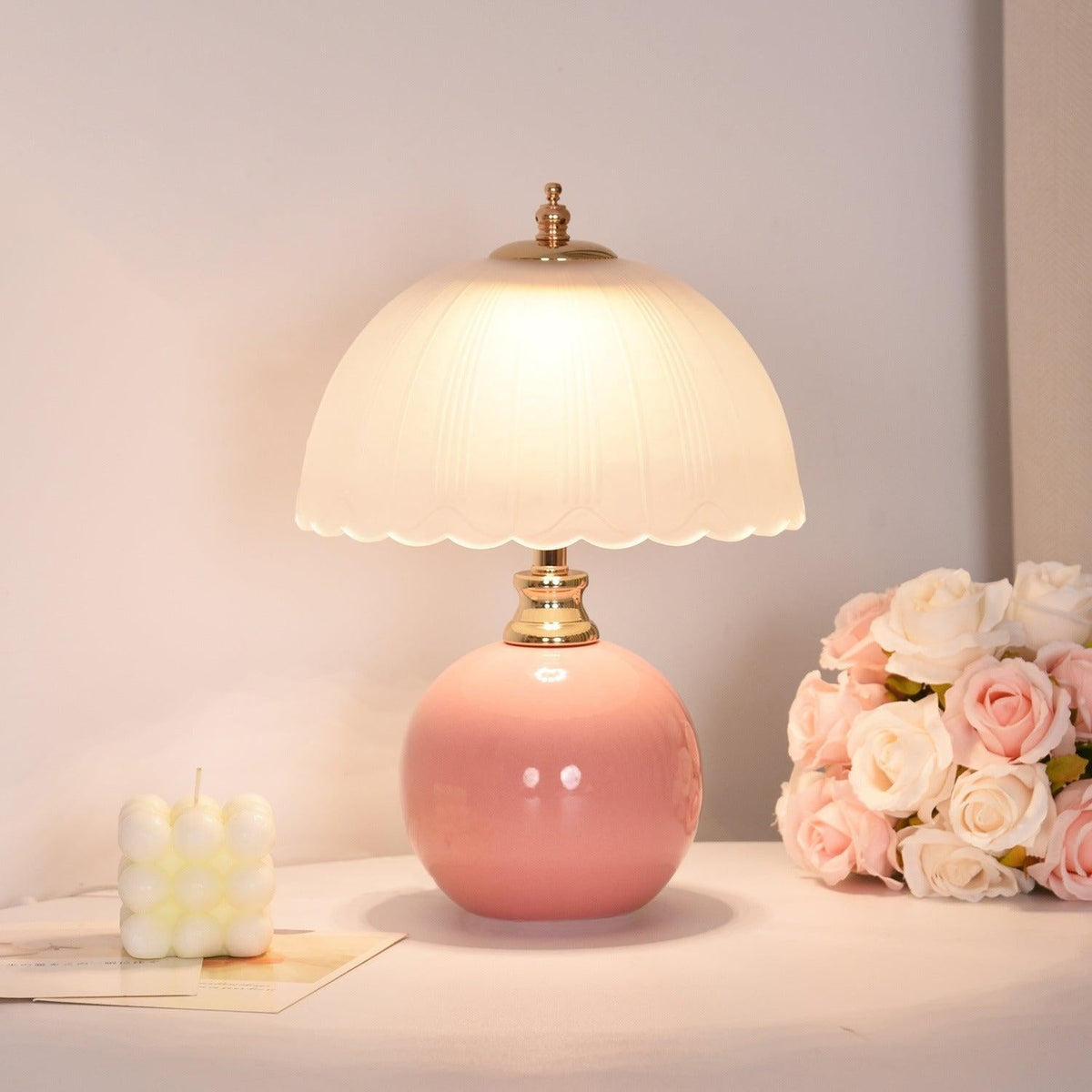Table Lamp Nordic Half Dome with Ceramic and Glass Shade as a Bedside Lamp or Desk Lamp