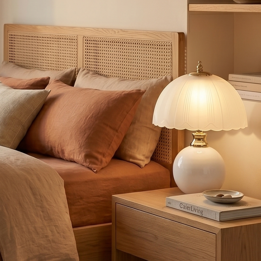 Table Lamp Nordic Half Dome with Ceramic and Glass Shade as a Bedside Lamp or Desk Lamp