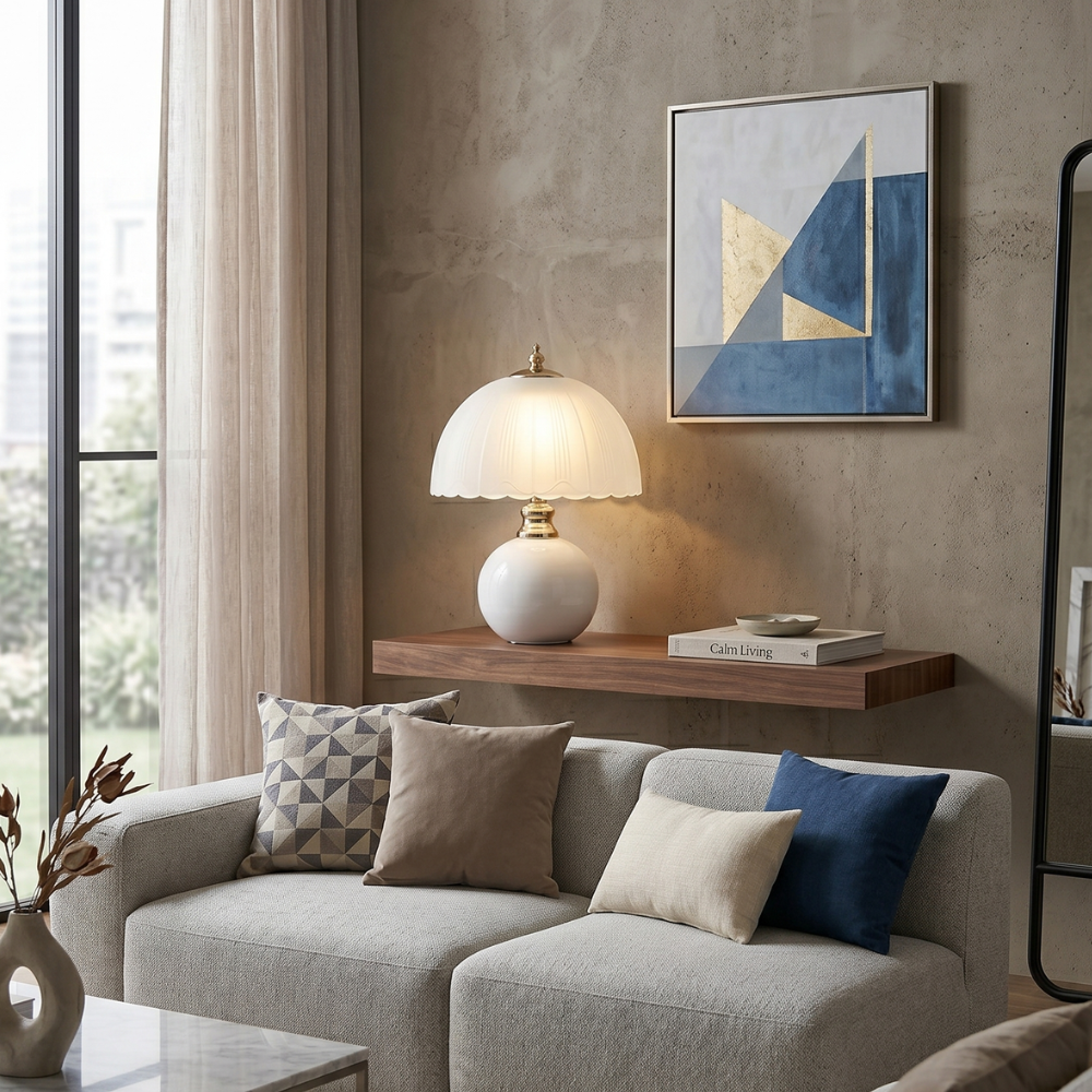 Table Lamp Nordic Half Dome with Ceramic and Glass Shade as a Bedside Lamp or Desk Lamp