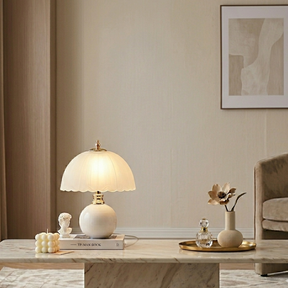 Table Lamp Nordic Half Dome with Ceramic and Glass Shade as a Bedside Lamp or Desk Lamp