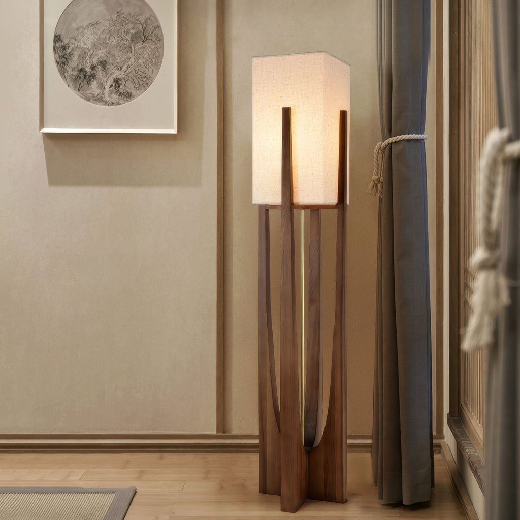 Floor Lamp Wabi Sabi Handcrafted Fabric Shade Modern Floor Lamp with Wooden Base