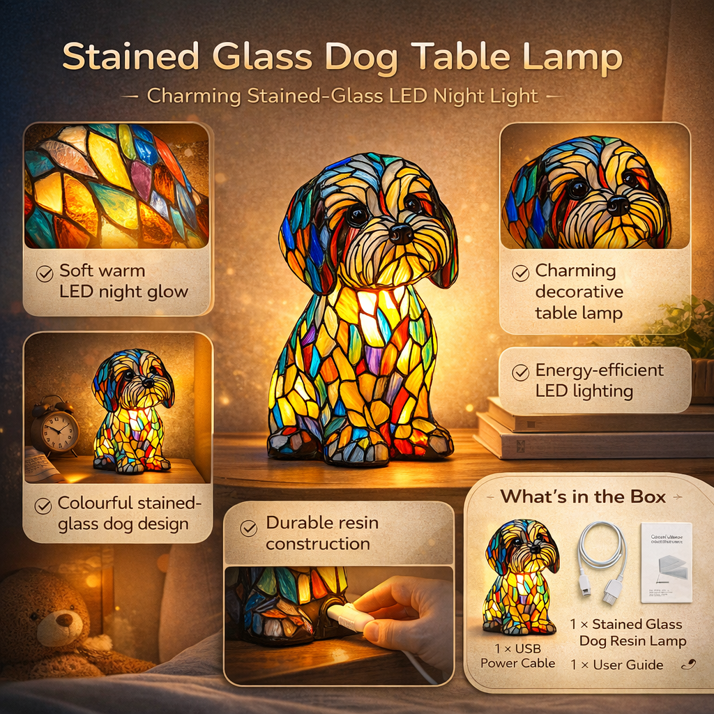 Table Lamp Stained Glass Dog LED Night Light Resin Glass Table Lamp in Six Designs