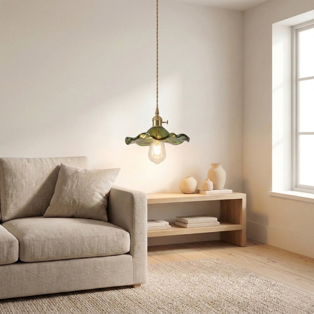 Glass Pendant Light Vintage Flower Shade Glass Pendant with Rippled Rolled Rim