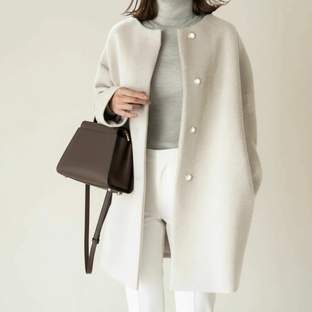 Womens Coat Collarless Minimalist A Line Mid Length with Button Front