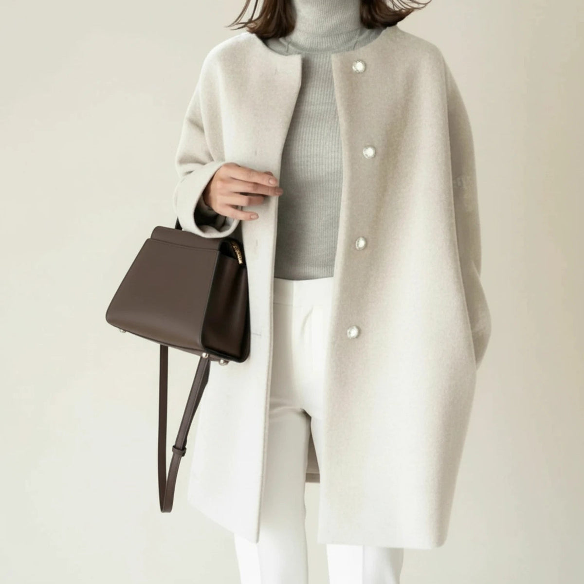 Womens Coat Collarless Minimalist A Line Mid Length with Button Front
