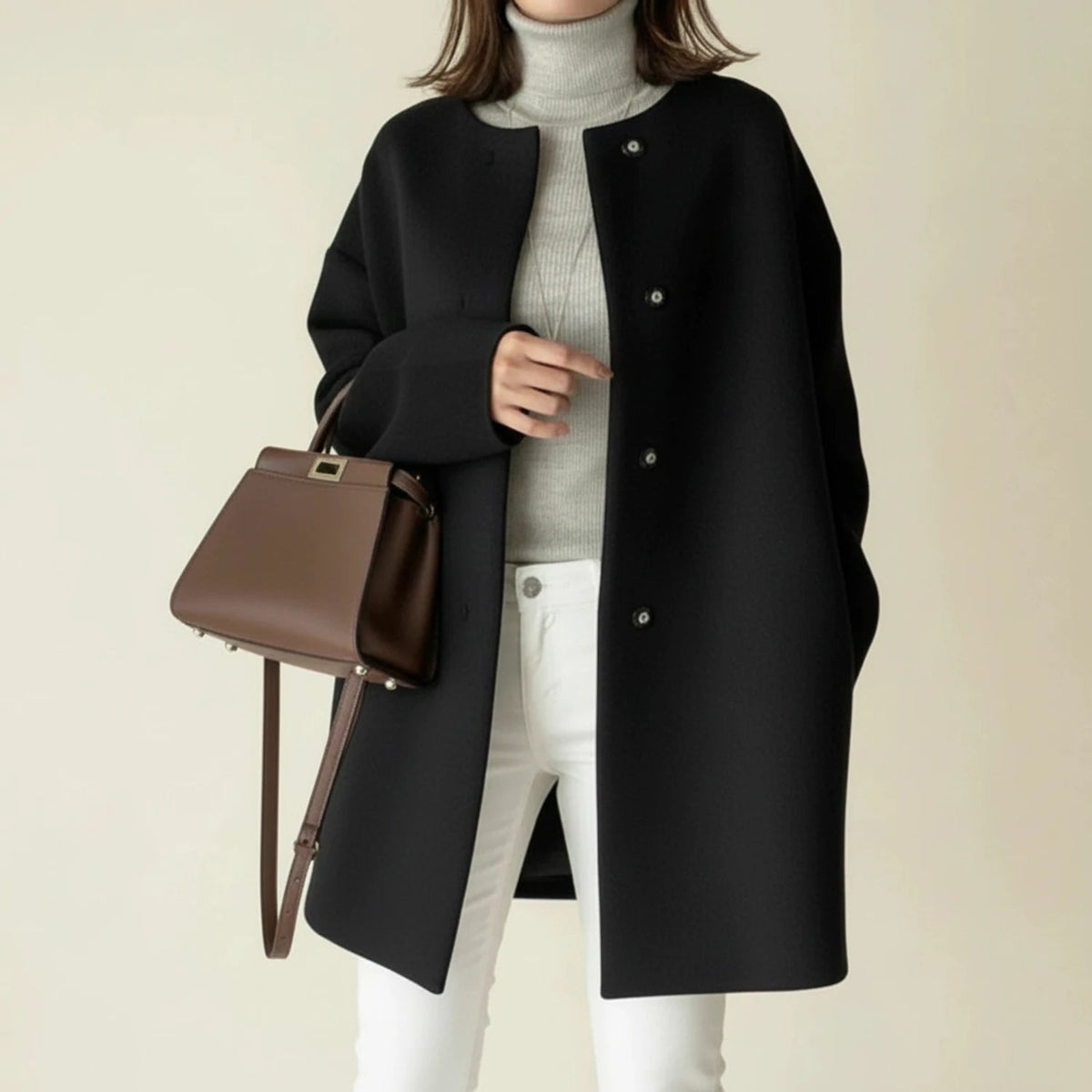 Womens Coat Collarless Minimalist A Line Mid Length with Button Front