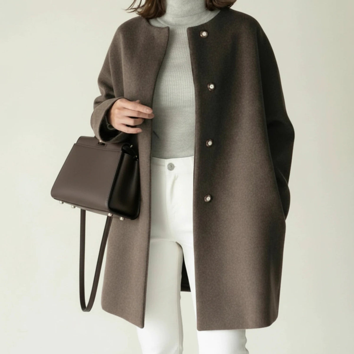 Womens Coat Collarless Minimalist A Line Mid Length with Button Front