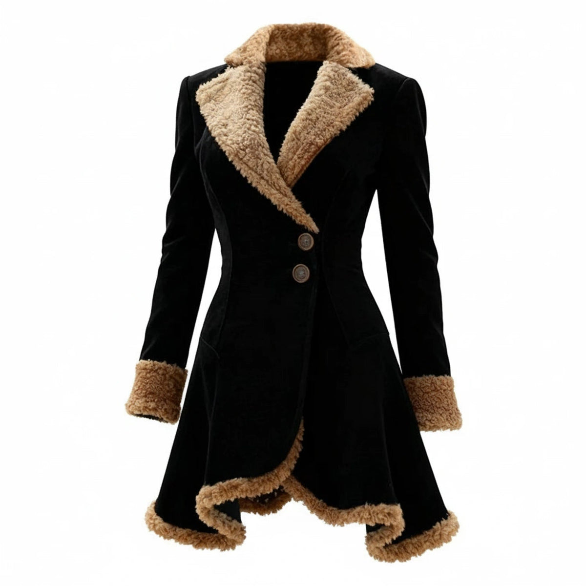 Womens Coat Fitted Winter with Fur Trim Collar and Asymmetric Hem