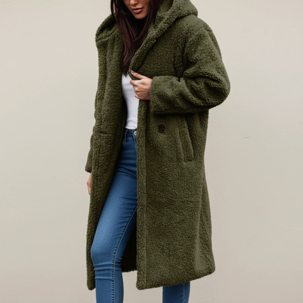 Womens Coat Long Hooded Teddy with Button Front and Patch Pockets