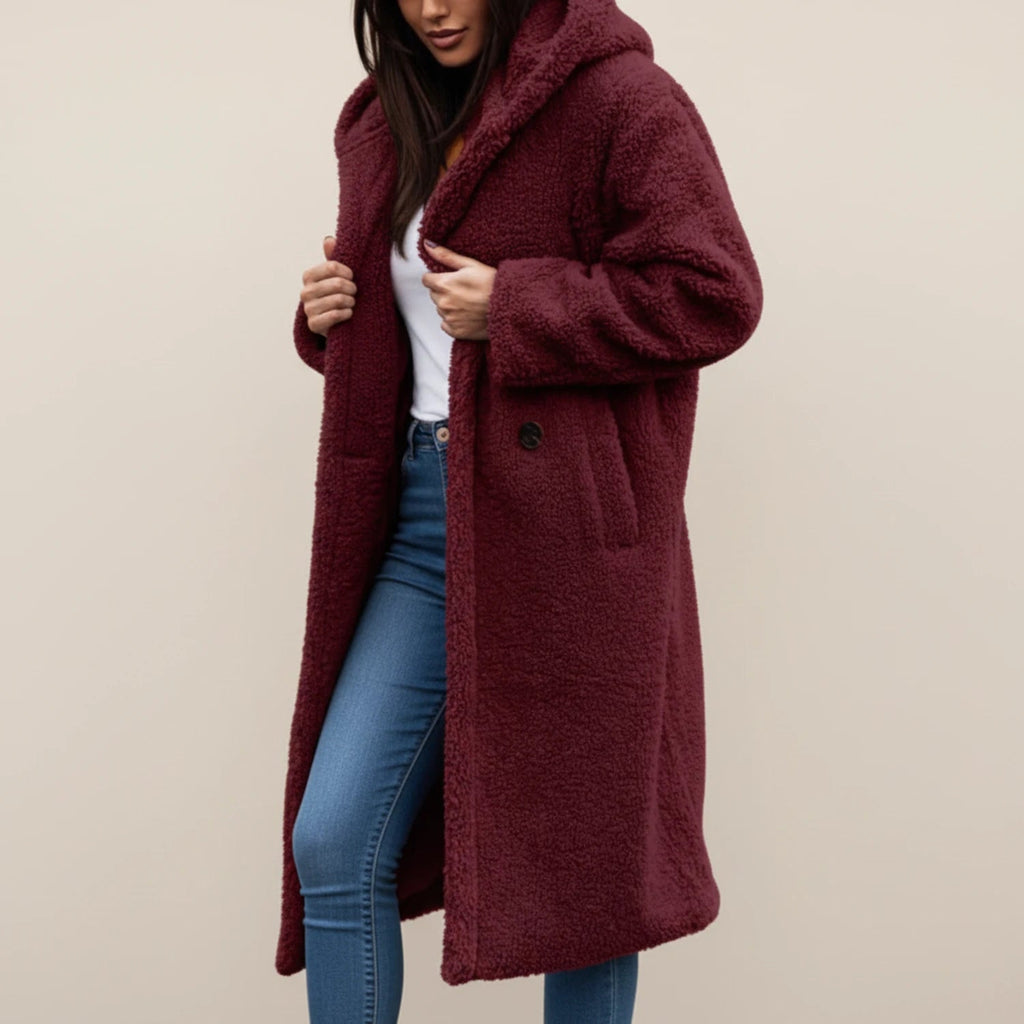 Womens Coat Long Hooded Teddy with Button Front and Patch Pockets