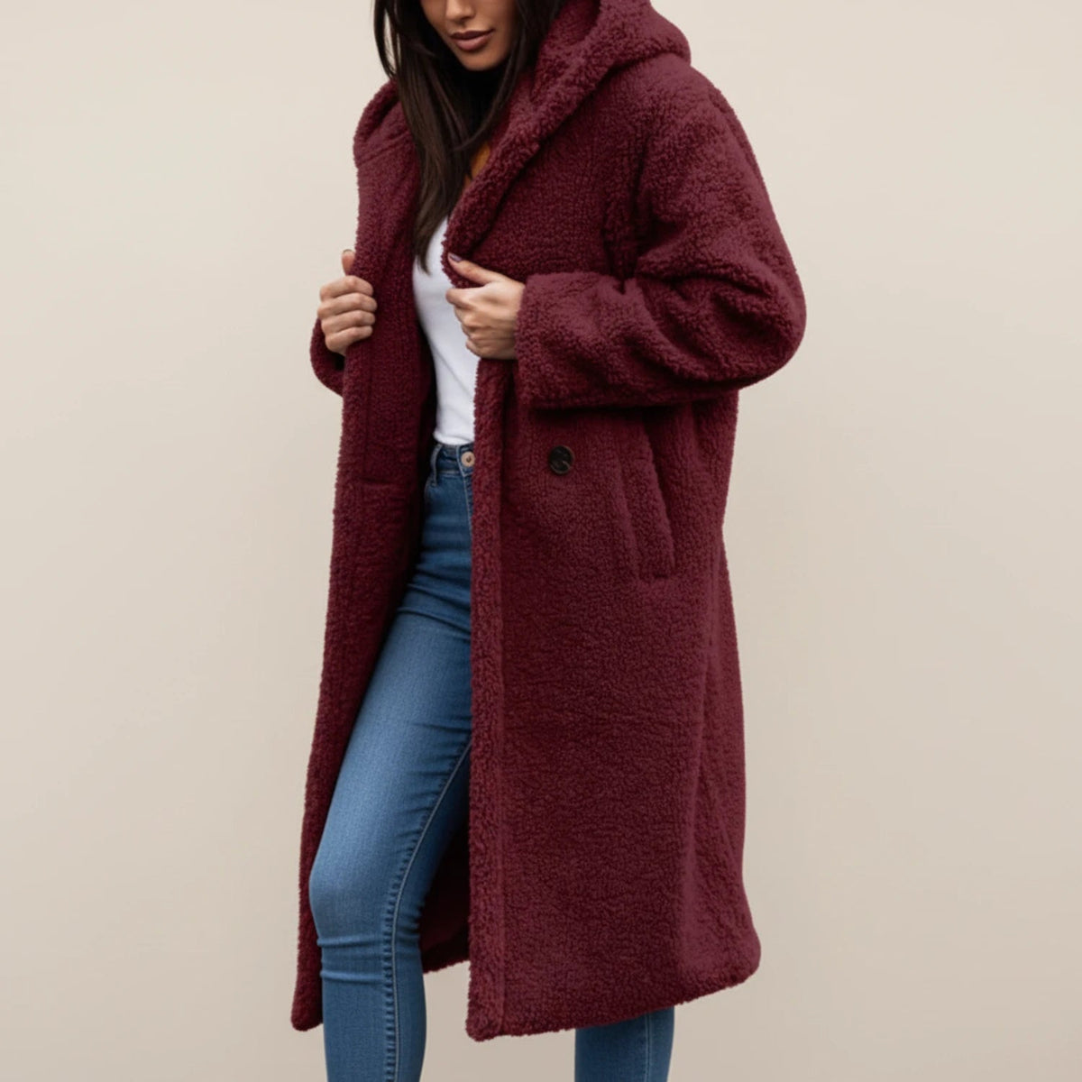 Womens Coat Long Hooded Teddy with Button Front and Patch Pockets