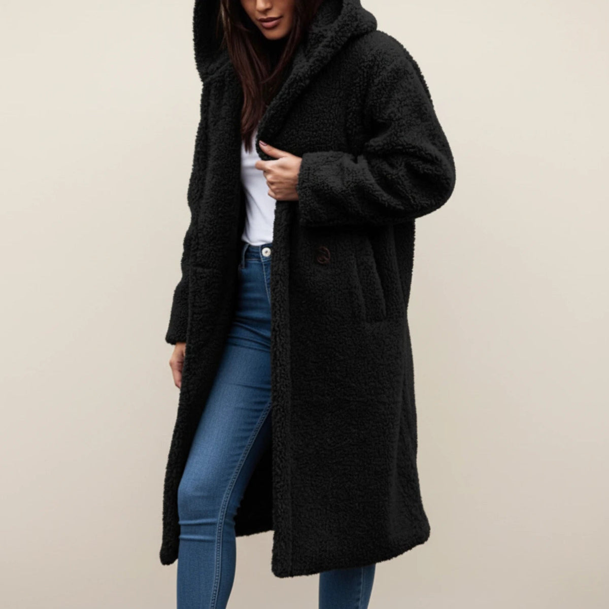 Womens Coat Long Hooded Teddy with Button Front and Patch Pockets