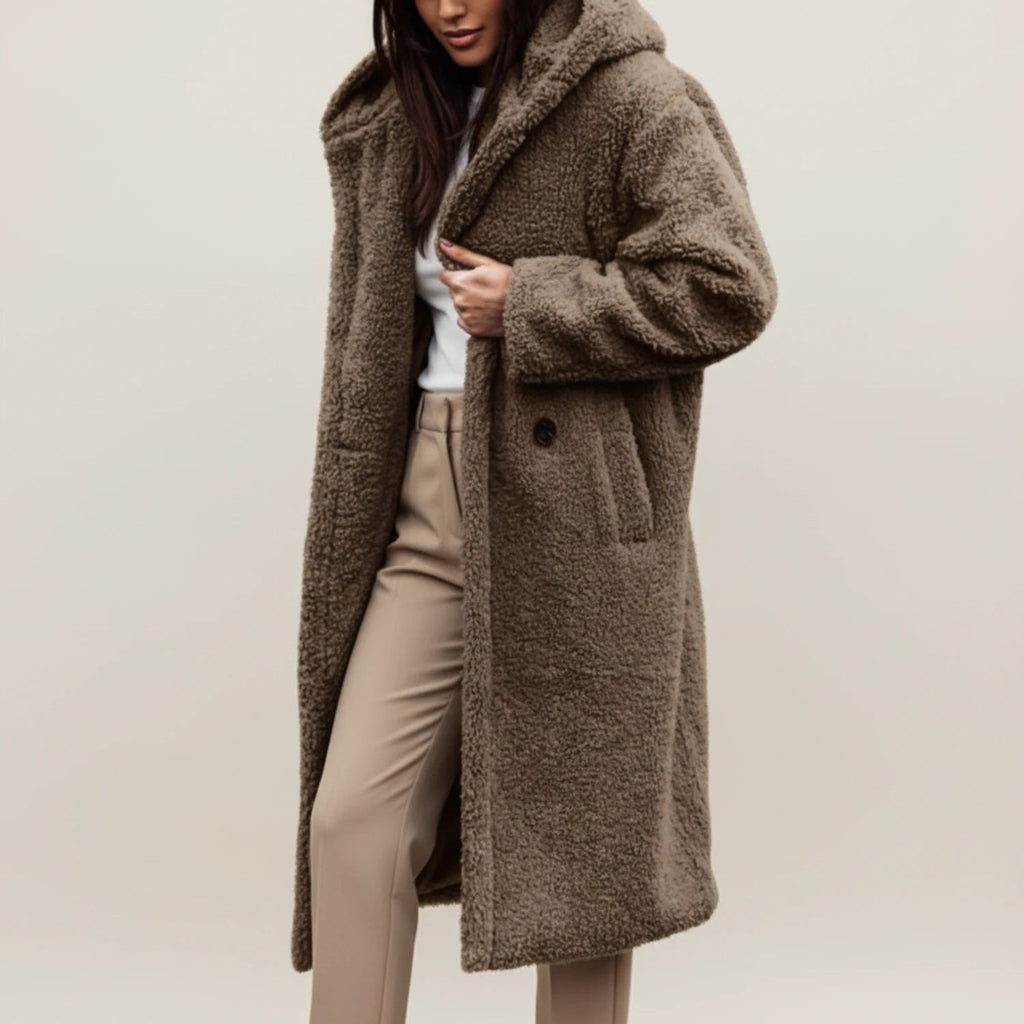 Womens Coat Long Hooded Teddy with Button Front and Patch Pockets