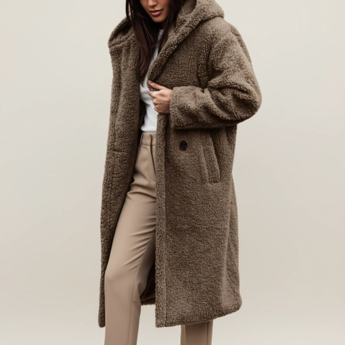 Womens Coat Long Hooded Teddy with Button Front and Patch Pockets