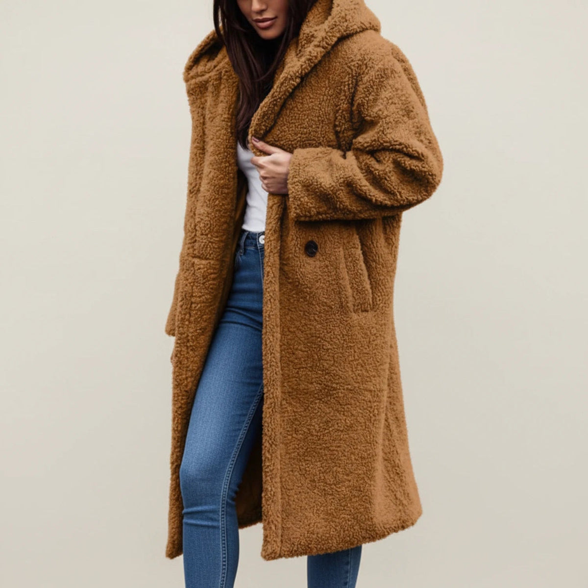 Womens Coat Long Hooded Teddy with Button Front and Patch Pockets