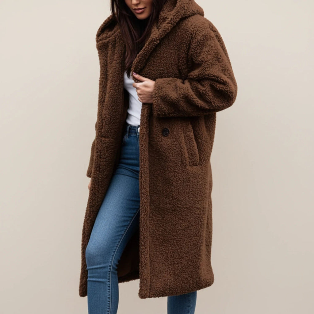 Womens Coat Long Hooded Teddy with Button Front and Patch Pockets