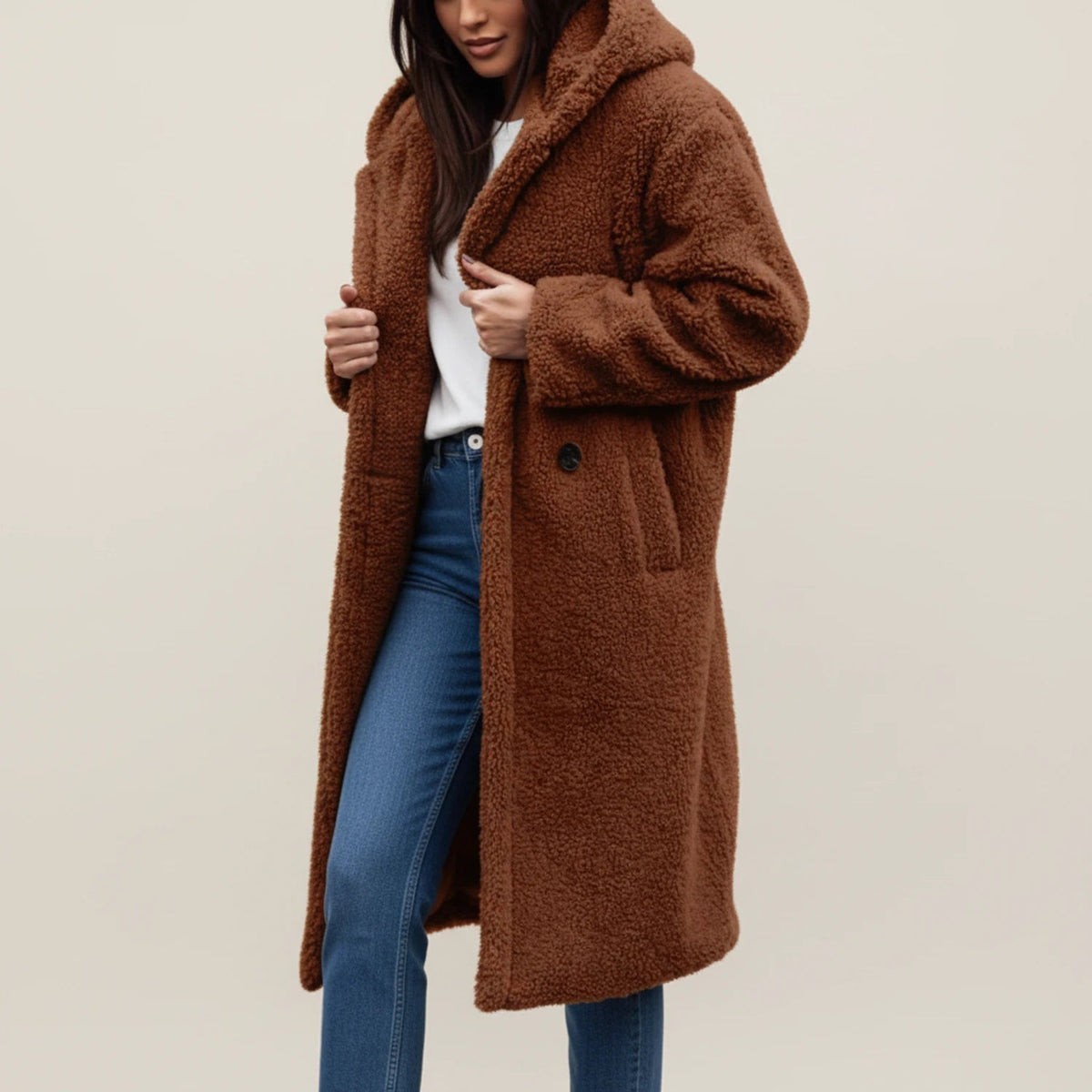 Womens Coat Long Hooded Teddy with Button Front and Patch Pockets