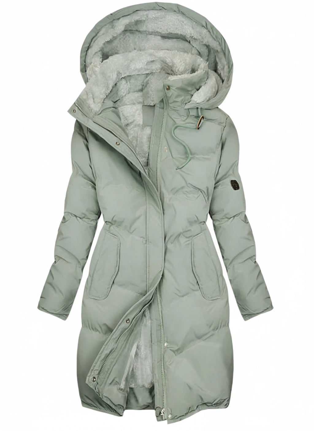 Womens Coat Long Hooded Puffer with Drawstring Waist and Quilted Fill
