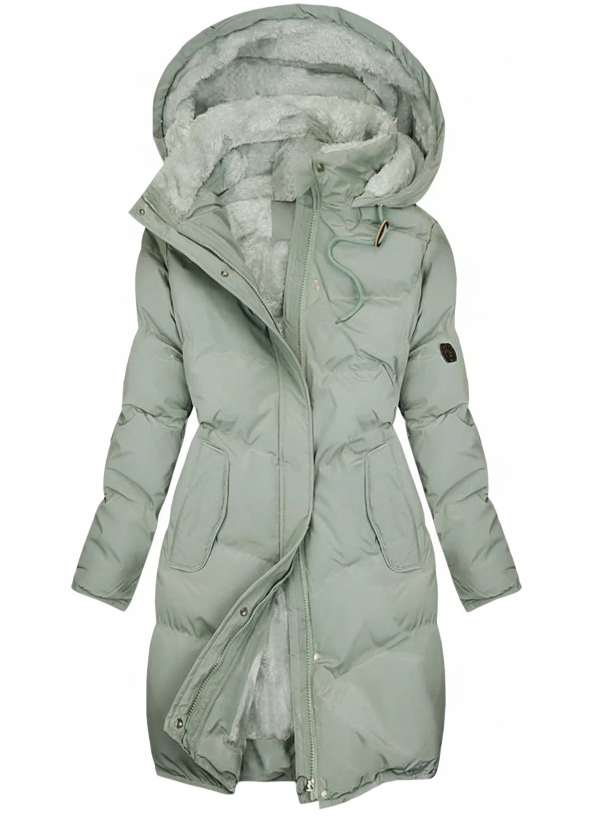 Womens Coat Long Hooded Puffer with Drawstring Waist and Quilted Fill