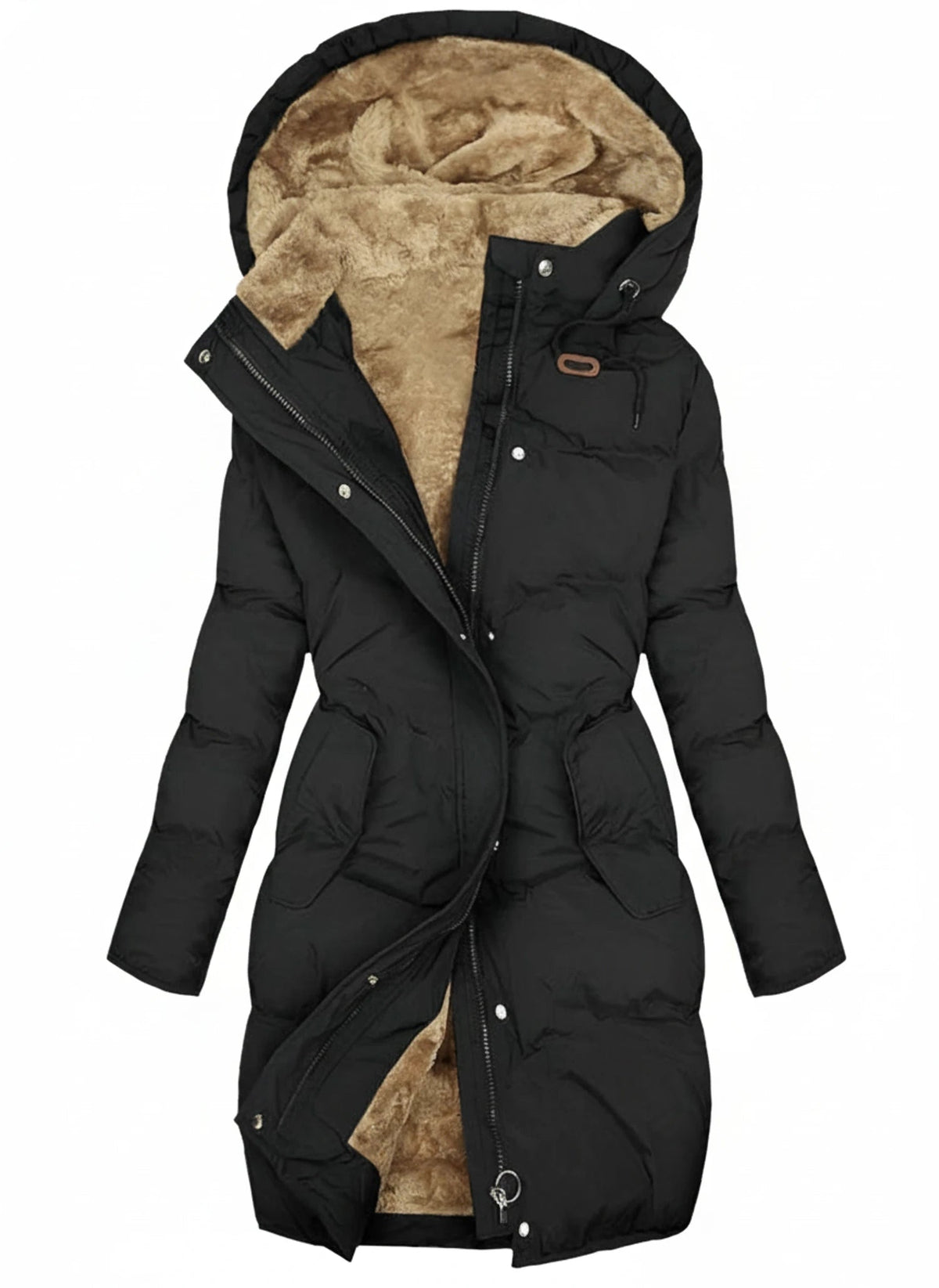 Womens Coat Long Hooded Puffer with Drawstring Waist and Quilted Fill