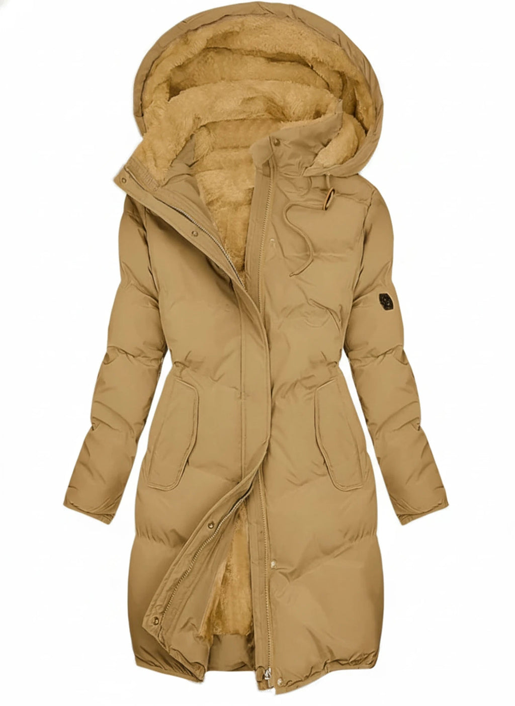 Womens Coat Long Hooded Puffer with Drawstring Waist and Quilted Fill
