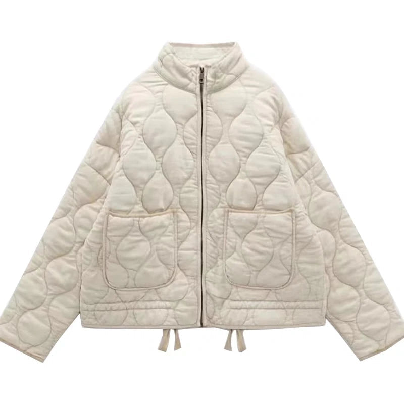 Puffer Jacket Women Quilted in Wave Pattern with Stand Collar and Pockets